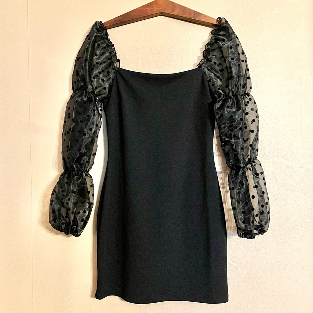 CHARMED HEARTS Black Mini Dress With Sheer Polka Dot Sleeves Size M